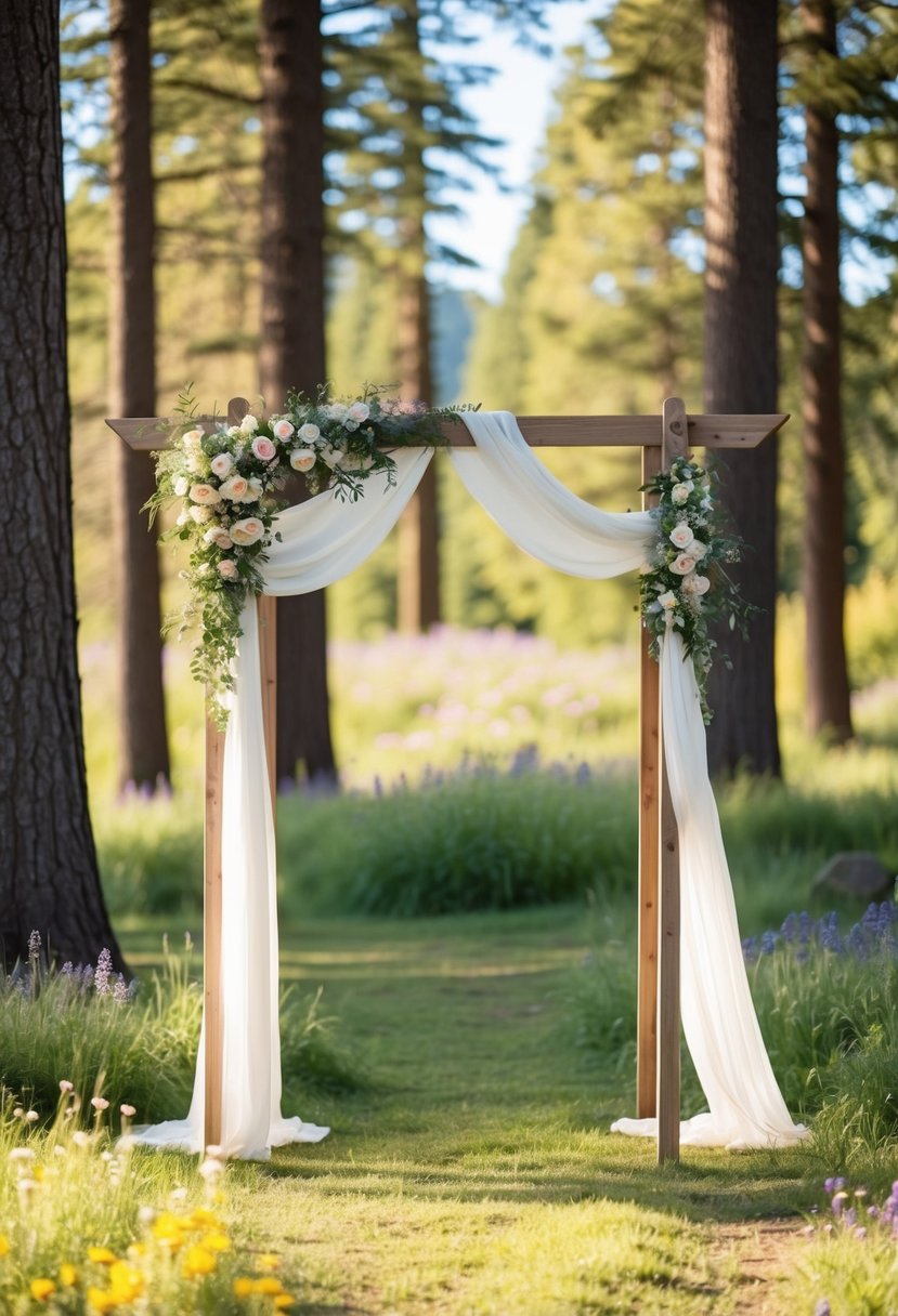 A wooden wedding arch adorned with wildflowers and draped with flowing fabric stands in a sun-dappled clearing amidst towering trees