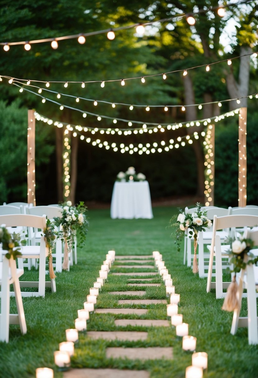 String lights outline pathways through a garden, leading to a wedding altar adorned with flowers and greenery