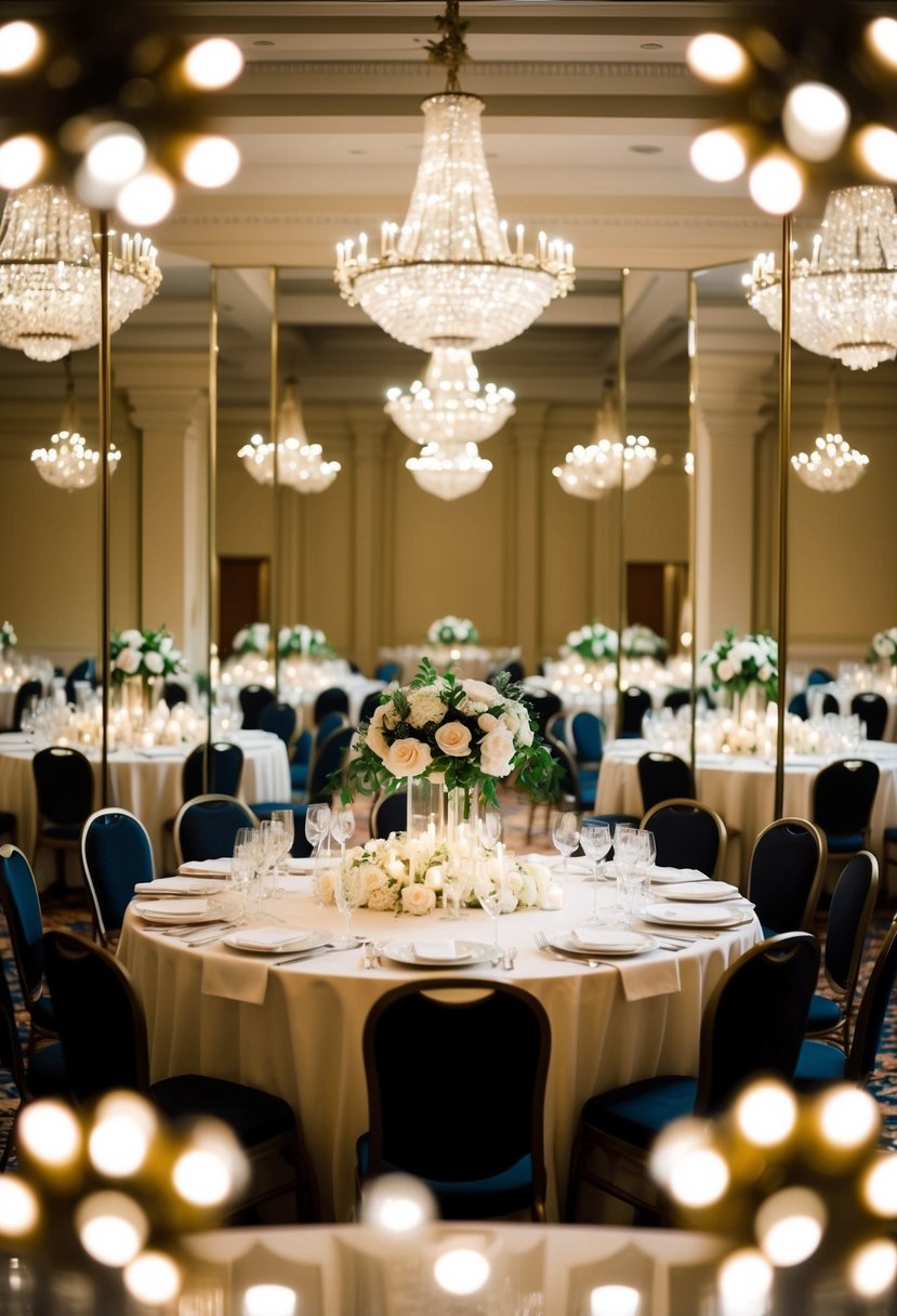 A grand ballroom with multiple mirrors reflecting floral centerpieces and twinkling lights, creating the illusion of a larger space