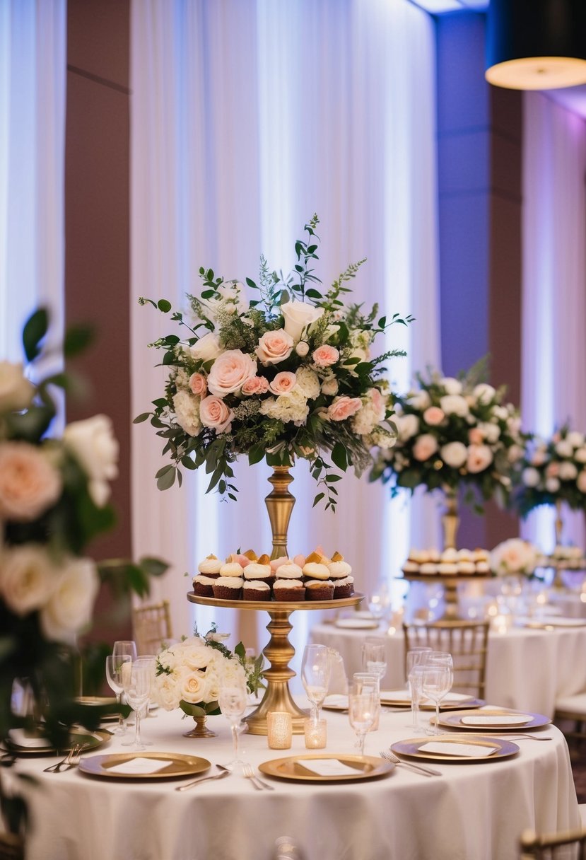 Floral arrangements adorn elegant dessert tables at a wedding reception