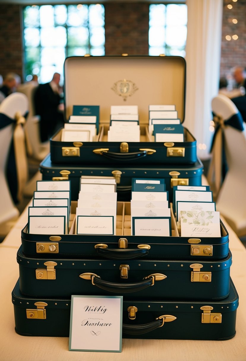 Vintage suitcases stacked as a display, filled with assorted cards and used as wedding decorations