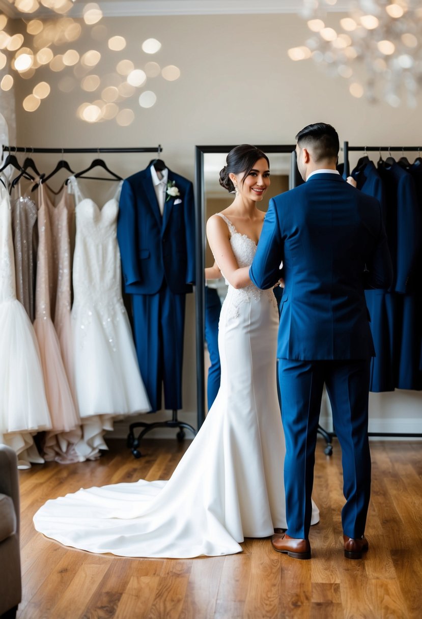 A bride and groom stand in front of a mirror, adjusting their formal attire with a rack of elegant wedding dresses and suits in the background