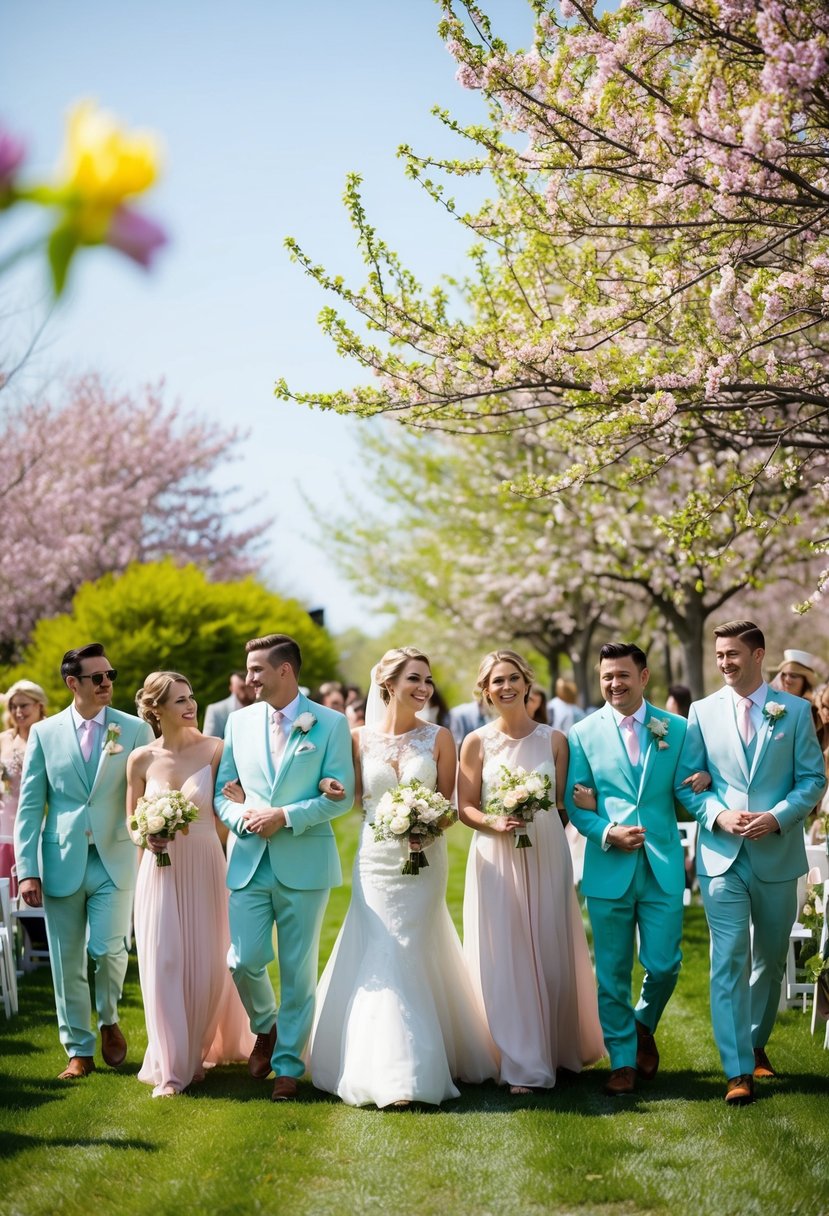 An outdoor wedding in spring, with guests wearing pastel dresses and light suits, surrounded by blooming flowers and greenery