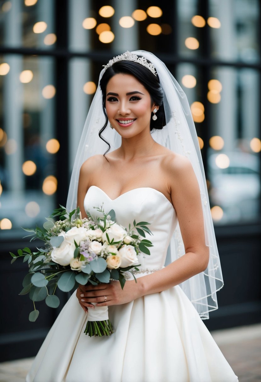 A bride in a classic white gown with a modern twist, wearing a traditional veil and carrying a bouquet of contemporary flowers