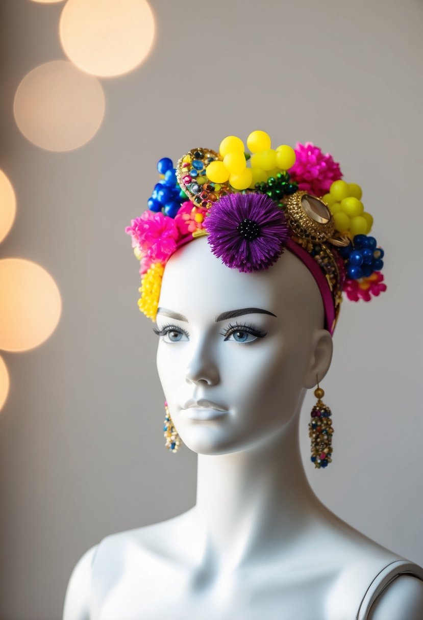 A mannequin adorned with vibrant, eye-catching accessories against a neutral background