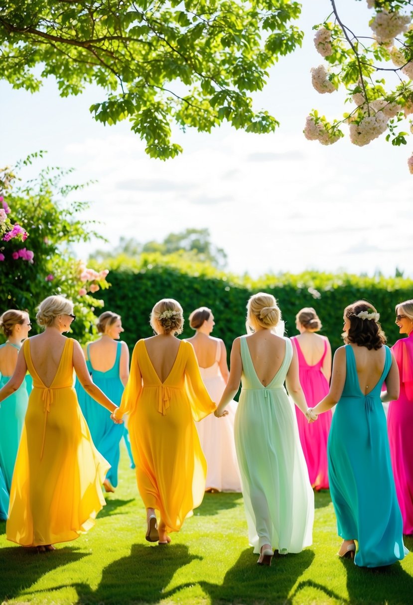 A sunny outdoor wedding with guests wearing lightweight, flowing fabrics in bright, summery colors. The scene is set against a backdrop of lush greenery and blooming flowers