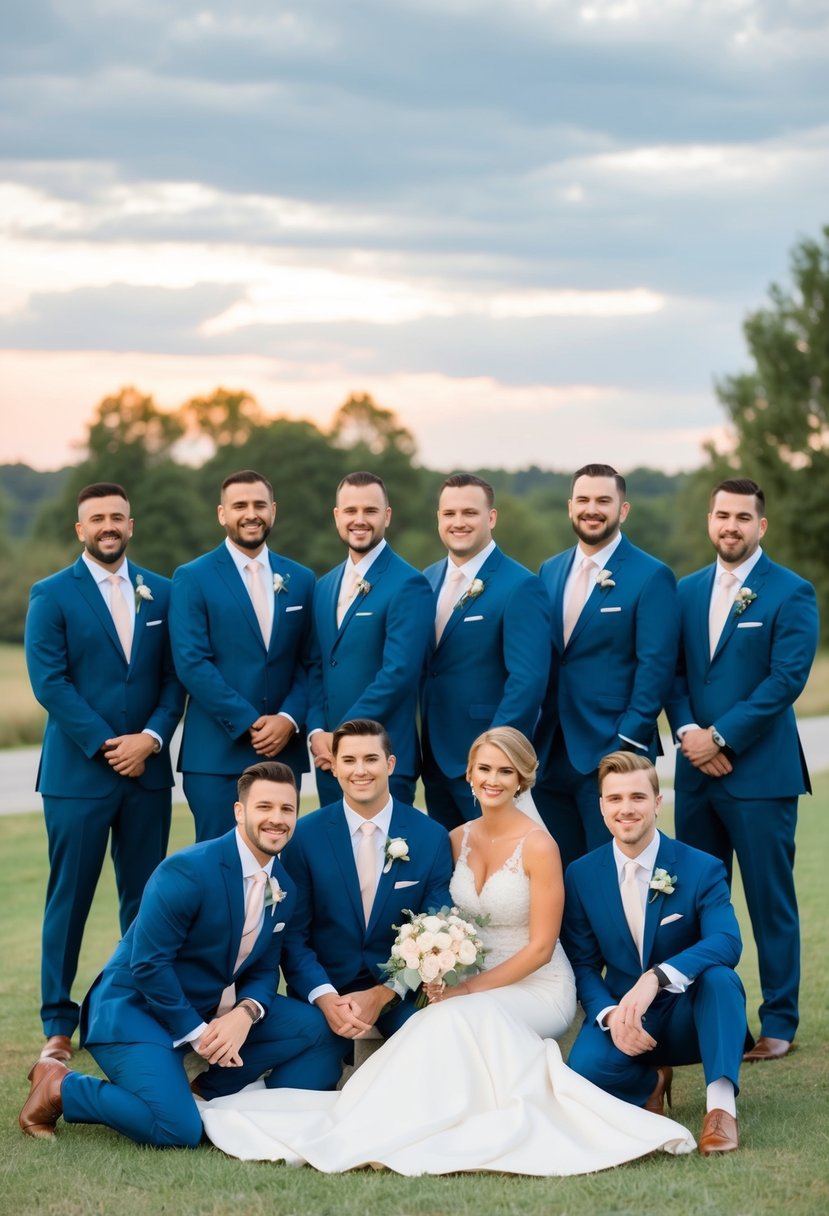 A group of wedding party attire laid out in coordinating colors and styles, including suits, dresses, and accessories