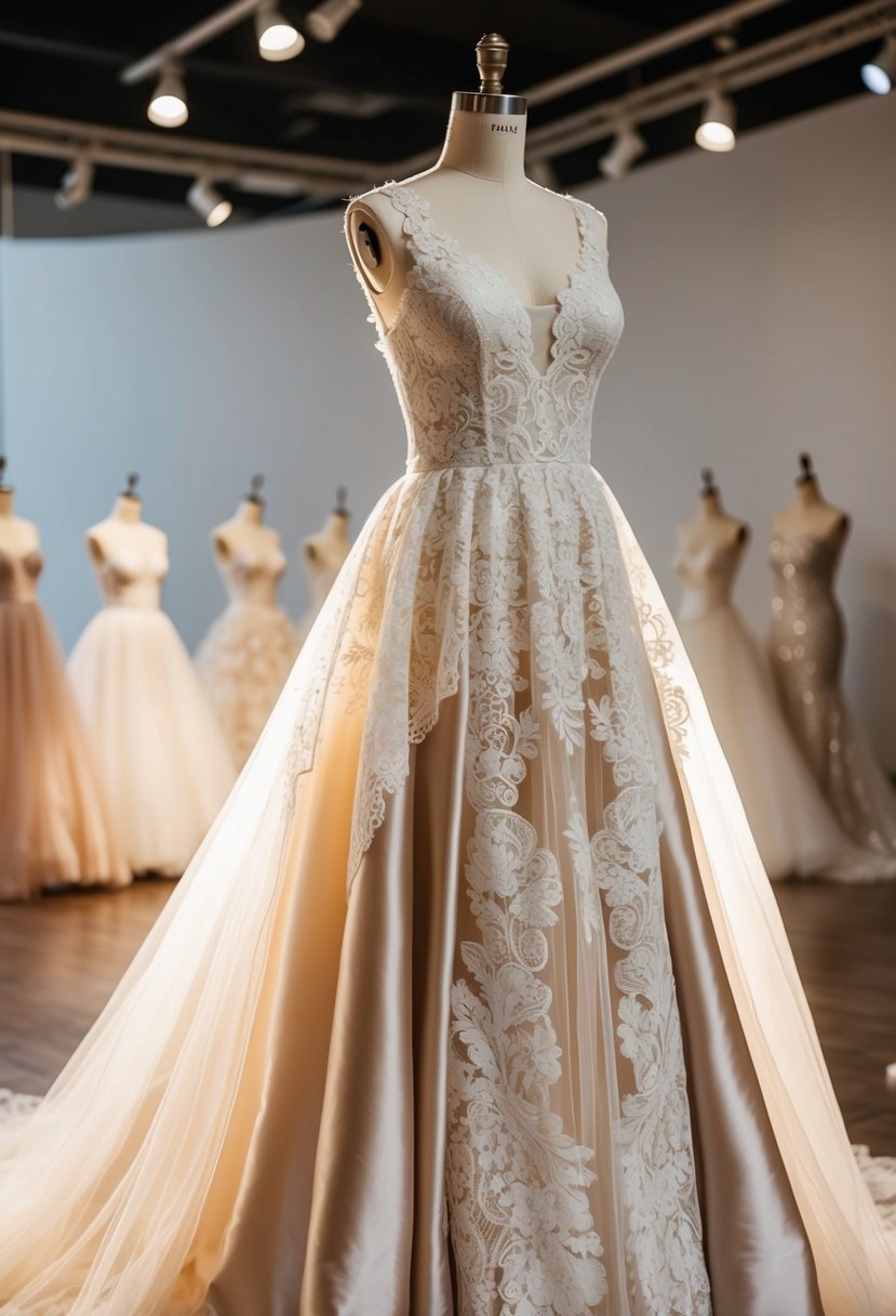 A flowing gown made of lace, satin, and tulle cascades down a mannequin, showcasing a unique blend of textures for wedding fashion