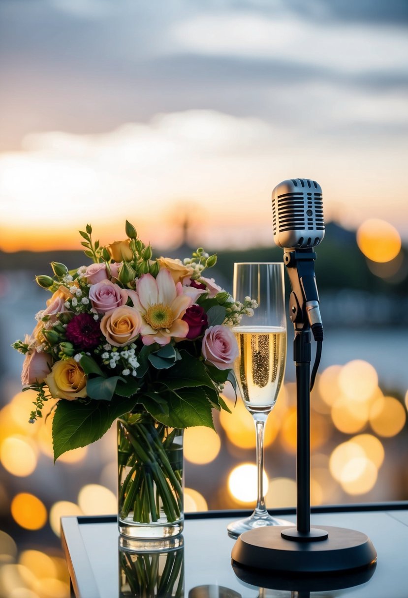 A microphone on a podium with a bouquet of flowers and a glass of champagne