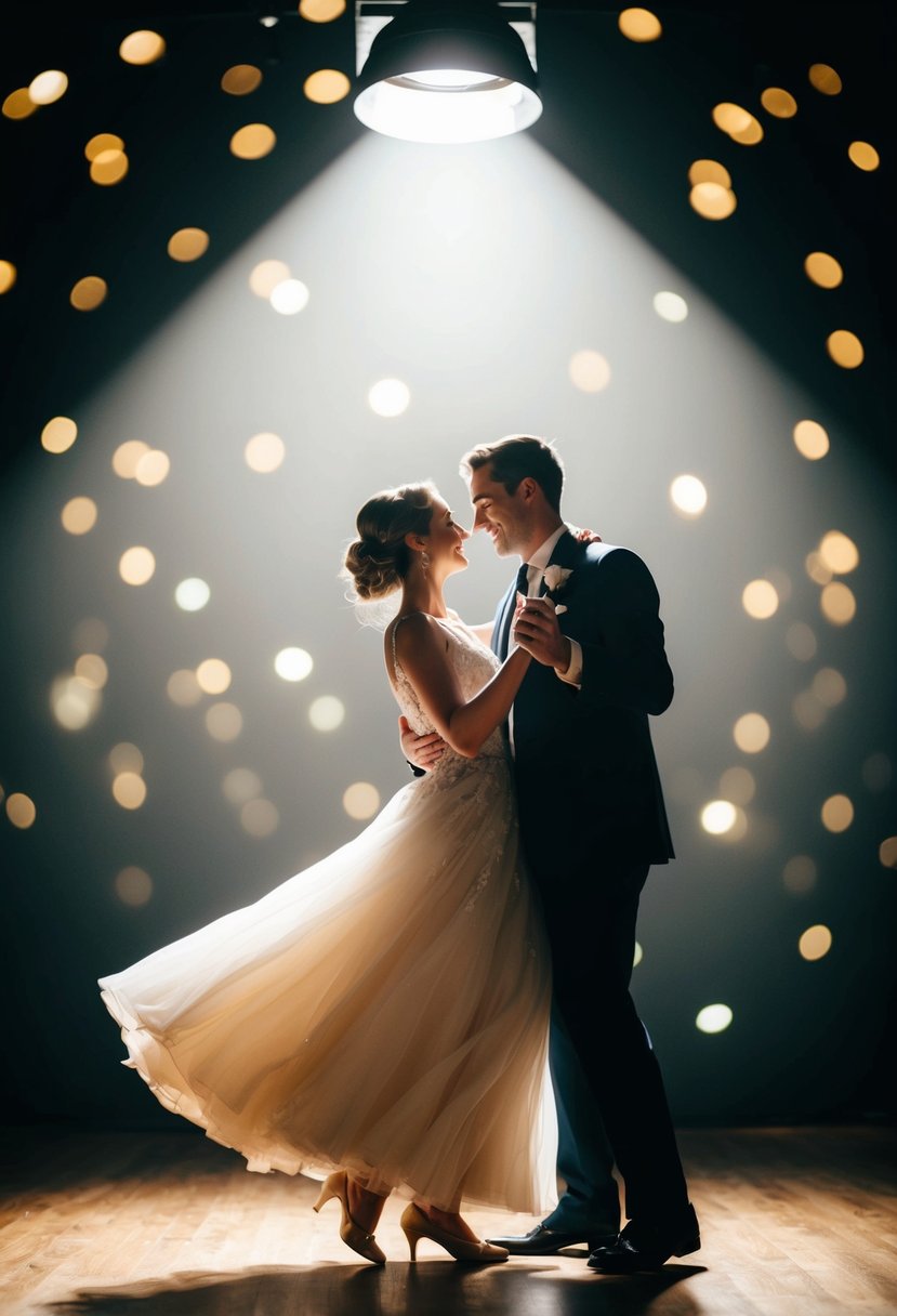 A spotlight shines down on a couple dancing, casting whimsical shadows as they twirl and sway