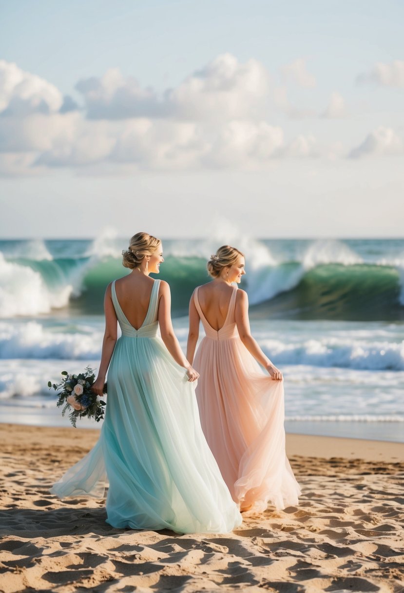 A beach wedding scene with flowing, lightweight dresses in soft pastel colors, set against a backdrop of crashing waves and golden sand