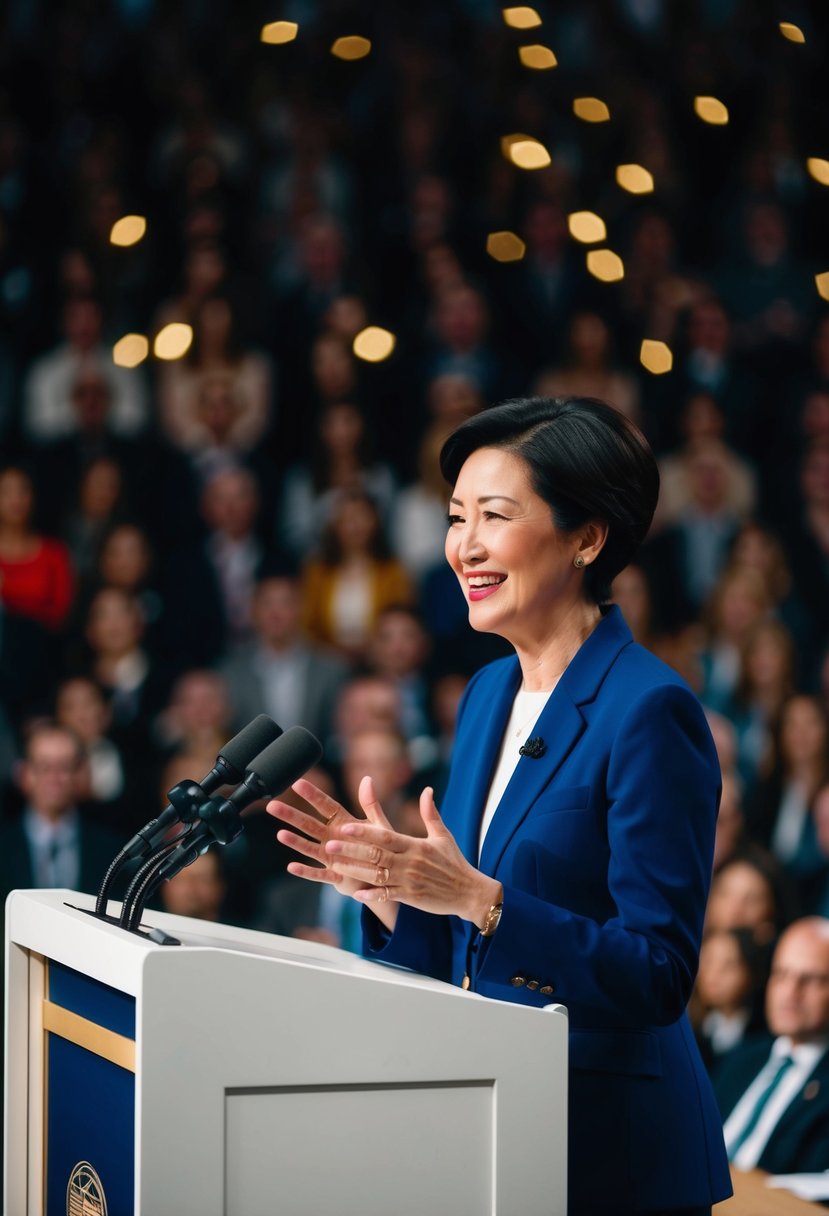 A person standing at a podium, addressing a crowd with a warm smile and open body language