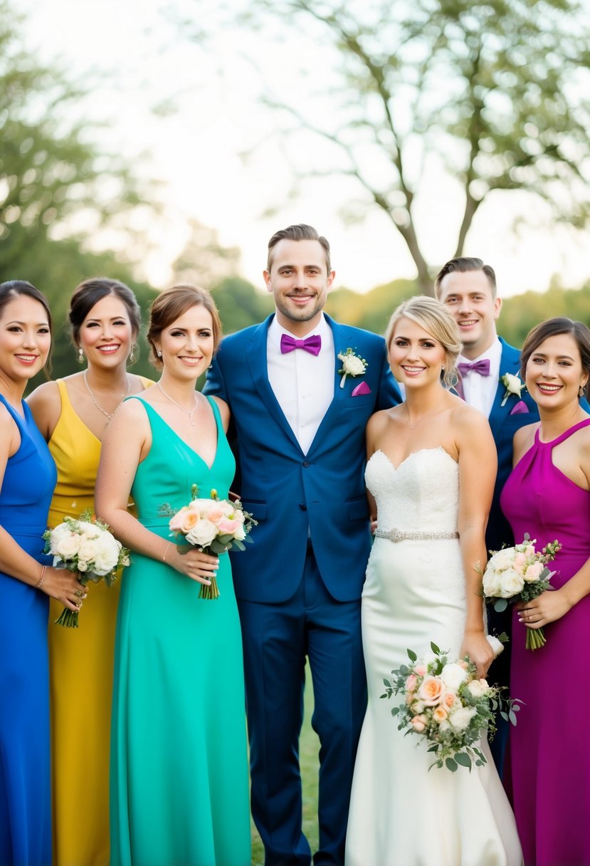 A group of wedding guests in colorful attire, with one person in a white dress standing next to the bride