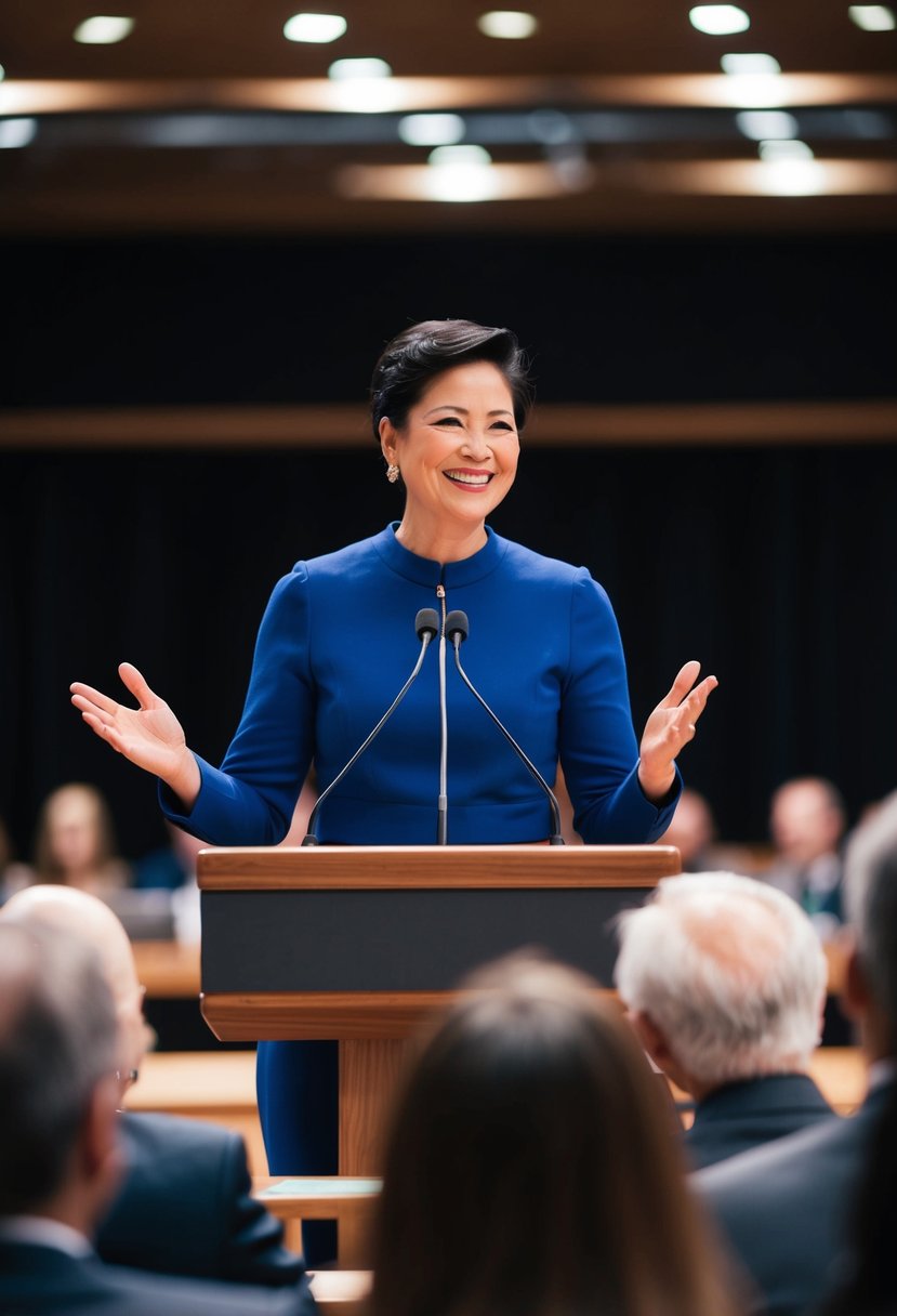 A person standing at a podium, facing an audience with a warm smile, holding a microphone, and gesturing with open hands