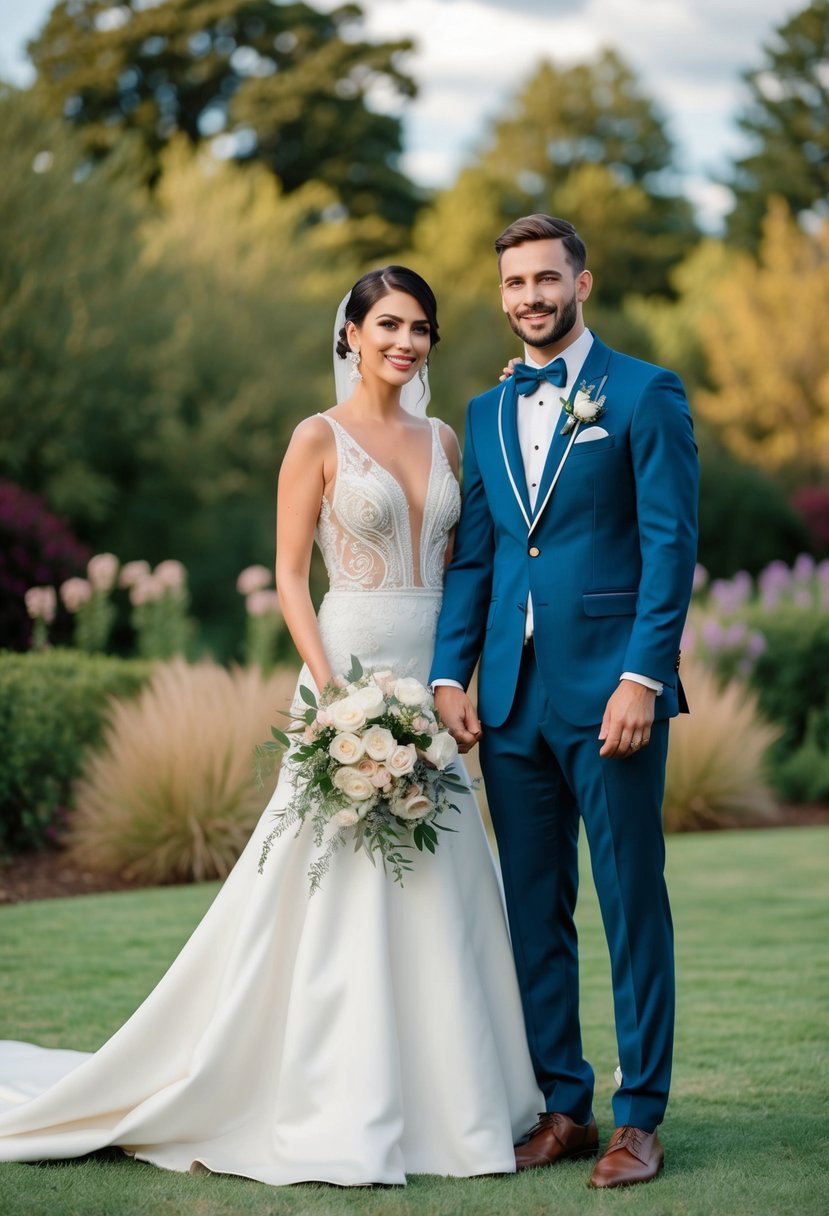 A bride and groom stand surrounded by personalized fashion details, such as custom embroidery and unique accessories, adding a unique touch to their wedding attire