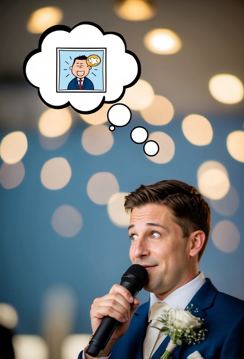 A groom nervously clutches a microphone, while a speech bubble above him shows a cartoon thought bubble with a funny image inside, lightening the mood