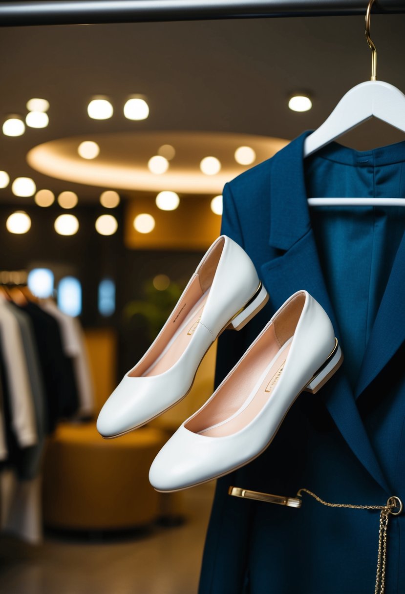 A pair of elegant, comfortable shoes placed next to a stylish outfit on a hanger