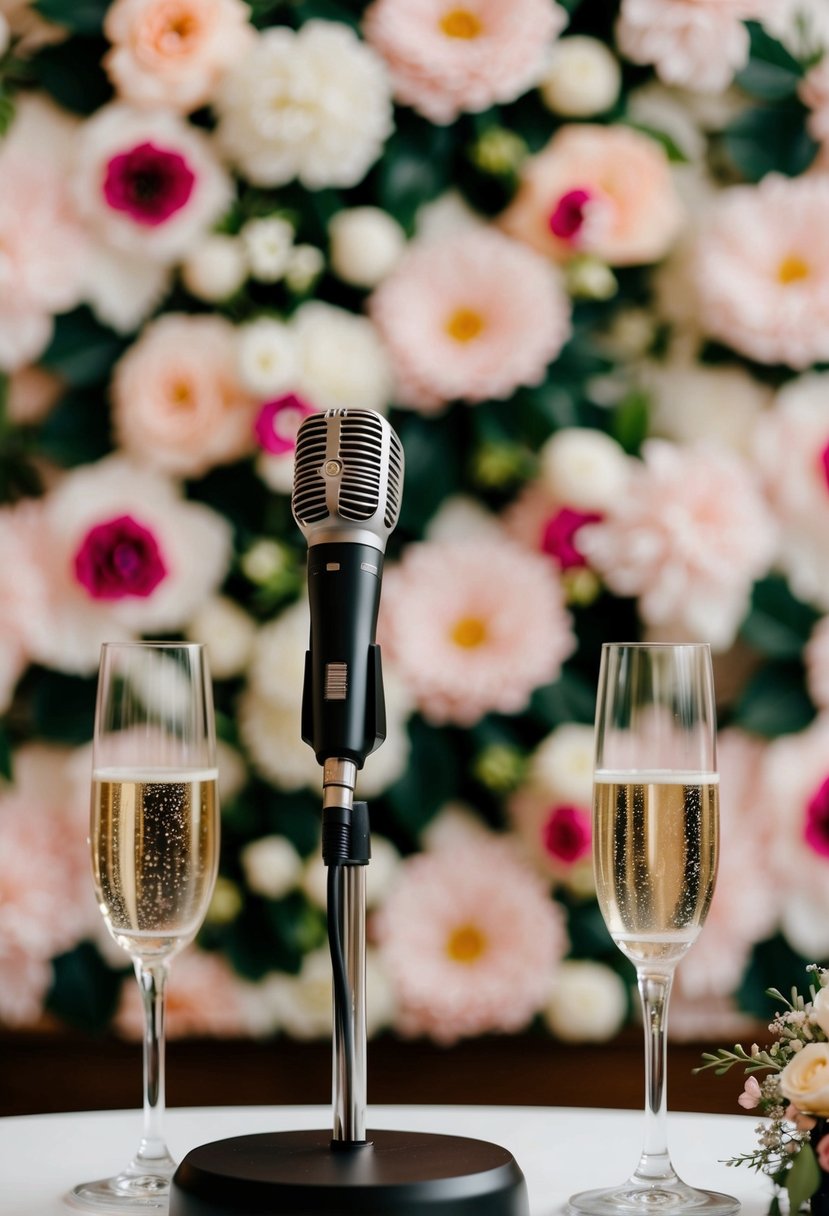 A microphone on a podium in front of a floral backdrop, with two champagne glasses and a small bouquet on the table