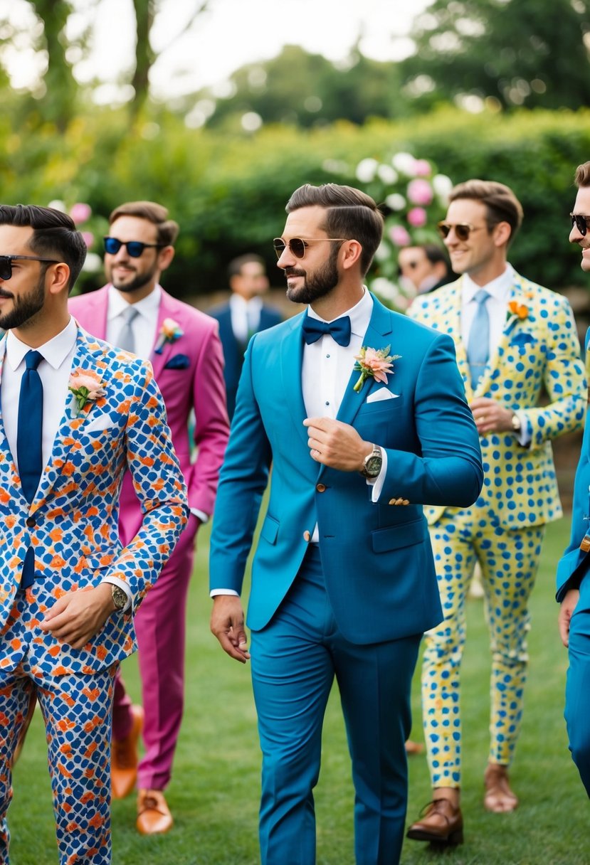 Groomsmen in colorful, patterned suits mingle at a stylish outdoor wedding. Bright florals and modern accessories complete the fashion-forward look