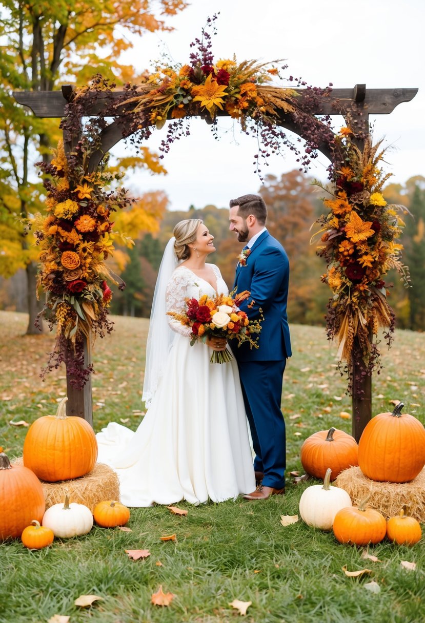 An outdoor fall wedding with colorful leaves, pumpkins, and rustic decor. A bride and groom stand under an arch adorned with autumn flowers