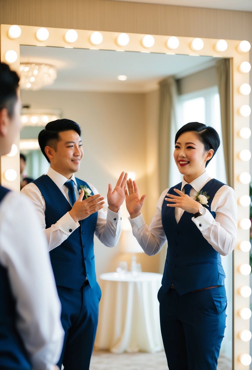 A person standing in front of a mirror, practicing their wedding speech with hand gestures and facial expressions