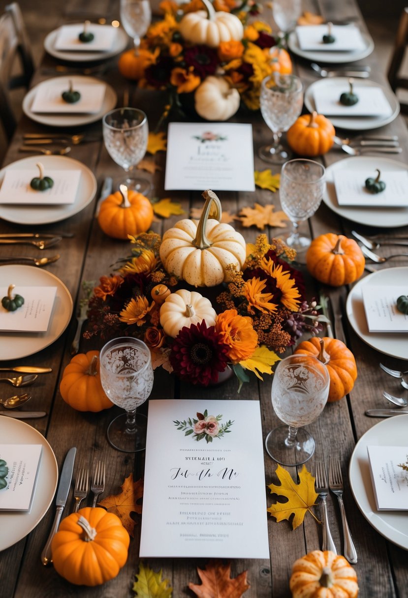 A rustic wooden table with autumn leaves, pumpkins, and seasonal flowers arranged around elegant wedding invitations