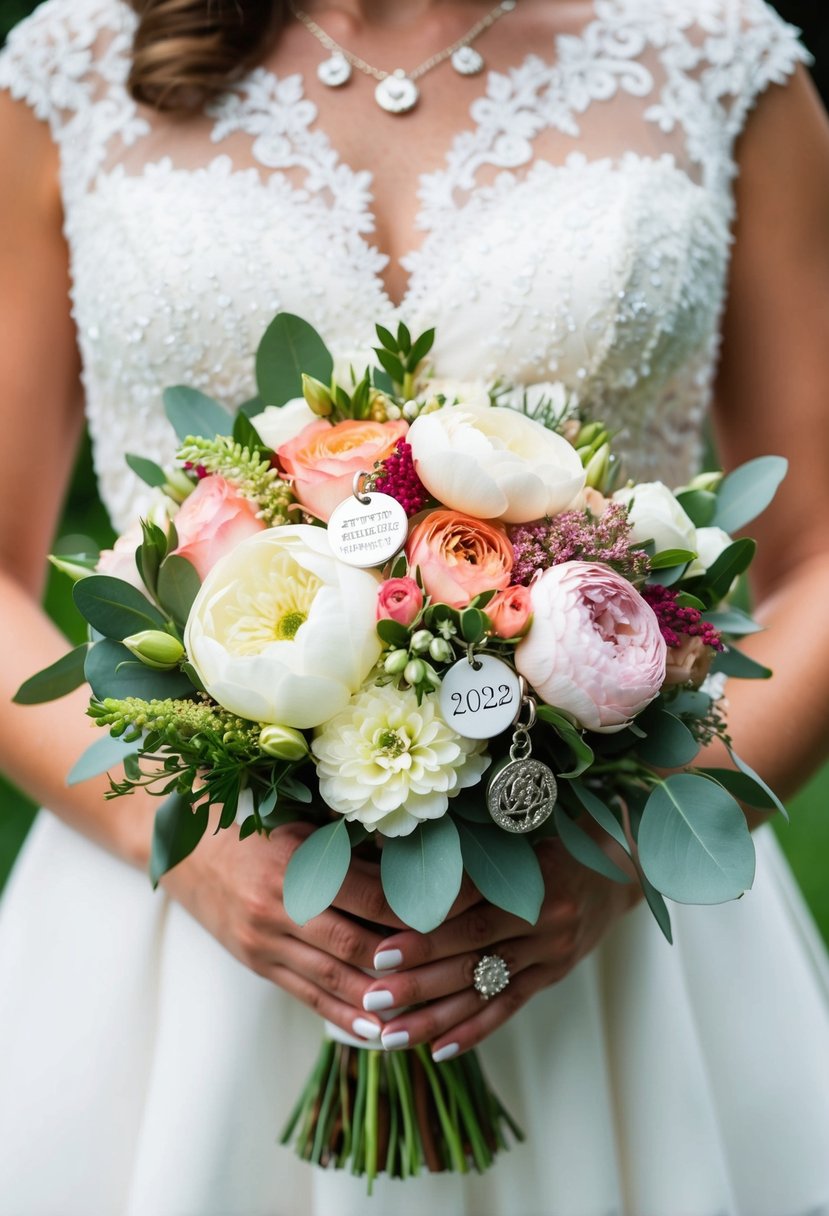 A bride's bouquet with personalized charms and unique floral accents