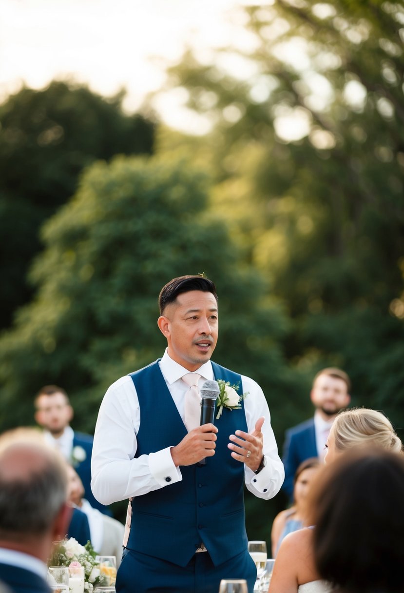 A speaker transitions from nervous to confident while delivering a wedding speech, expressing emotion through body language and facial expressions