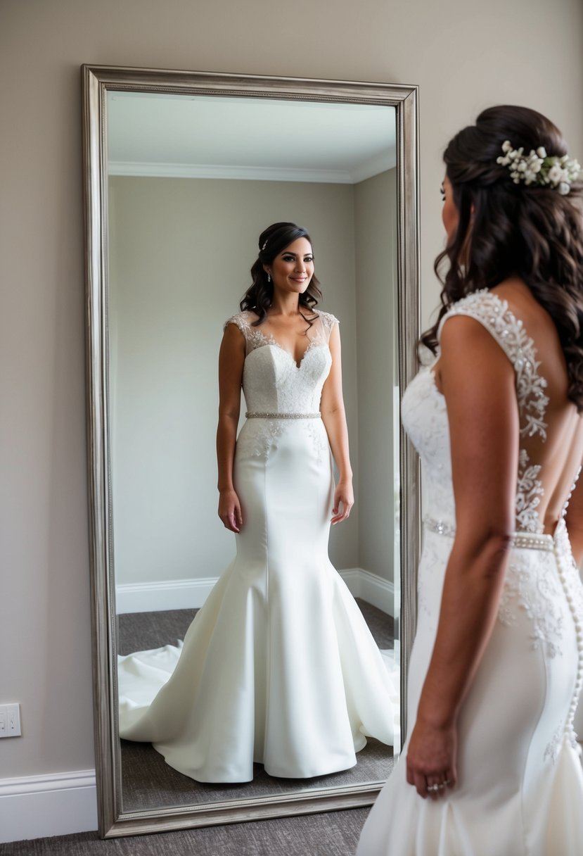 A bride stands in front of a mirror, trying on a wedding dress with detachable elements, such as a removable train or sleeves