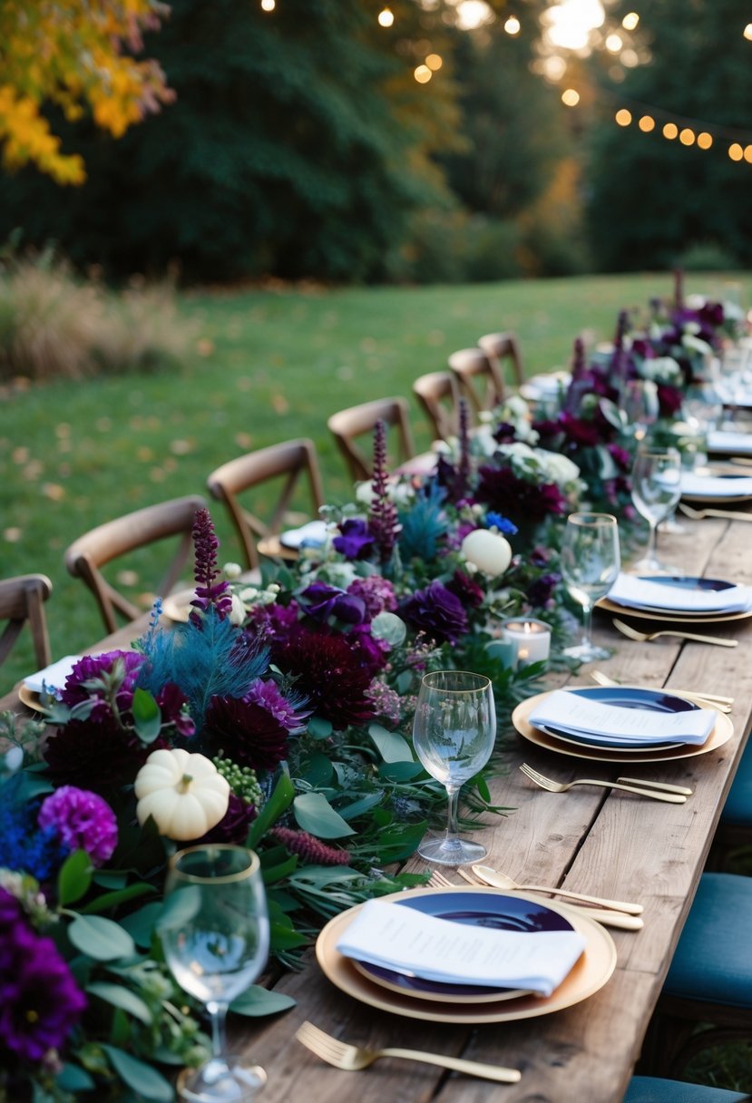 Rich jewel-toned flowers and foliage adorn rustic wooden tables at an outdoor fall wedding. Deep purples, blues, and greens create a luxurious and romantic atmosphere