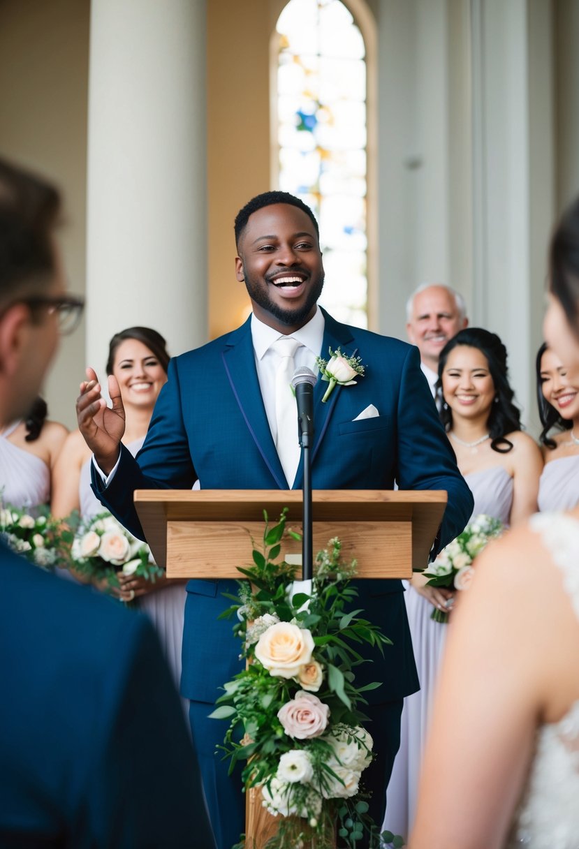 A person standing at a wedding podium, surrounded by flowers and smiling faces, delivering a joyful and lighthearted speech