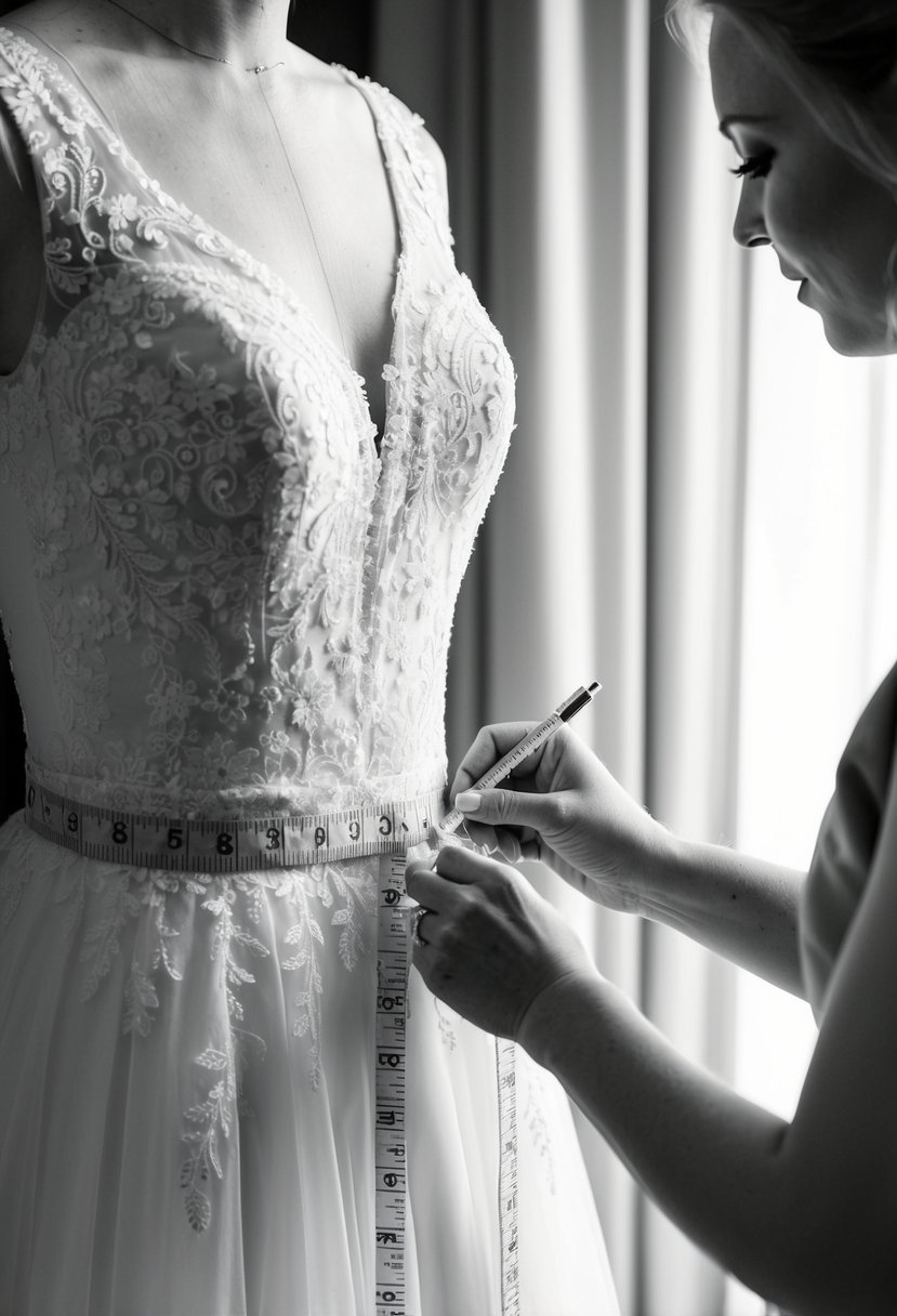 A bride holding a measuring tape around her waist, while a tailor takes notes and discusses alterations for her custom-made wedding dress