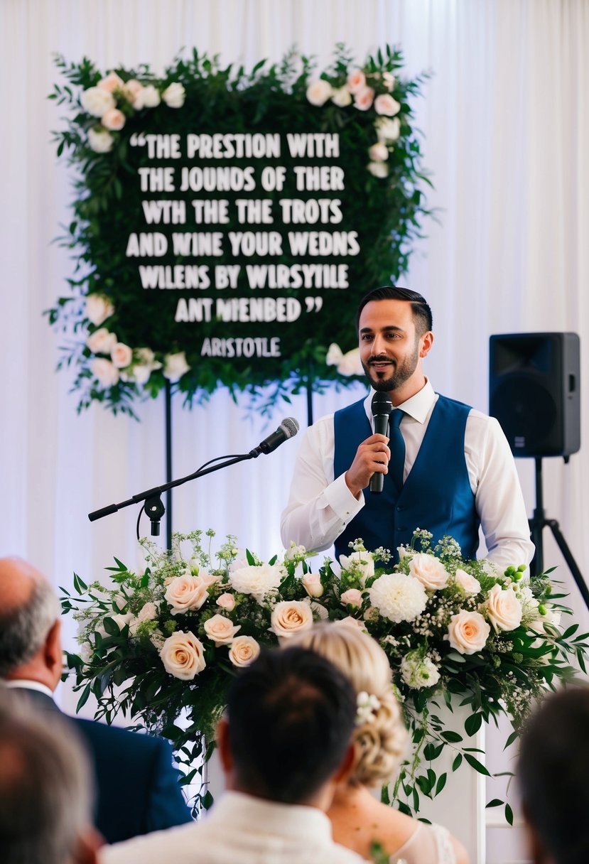 A wedding speech being delivered in front of a microphone with a backdrop of flowers and a quote by Aristotle displayed prominently