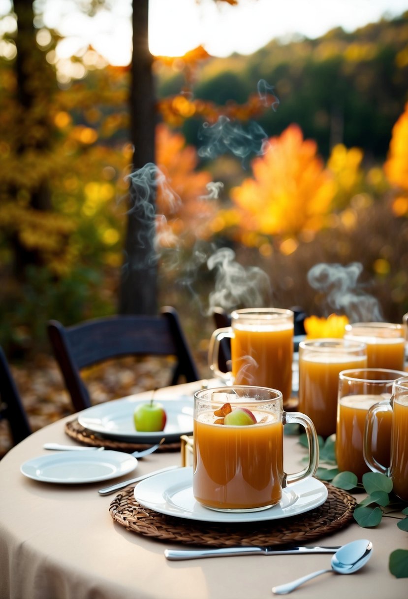 A cozy outdoor wedding reception with a table set up with steaming mugs of apple cider and autumn foliage in the background