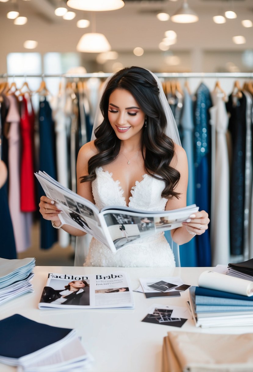 A stylish bride browsing fashion magazines, surrounded by fabric swatches and sketches