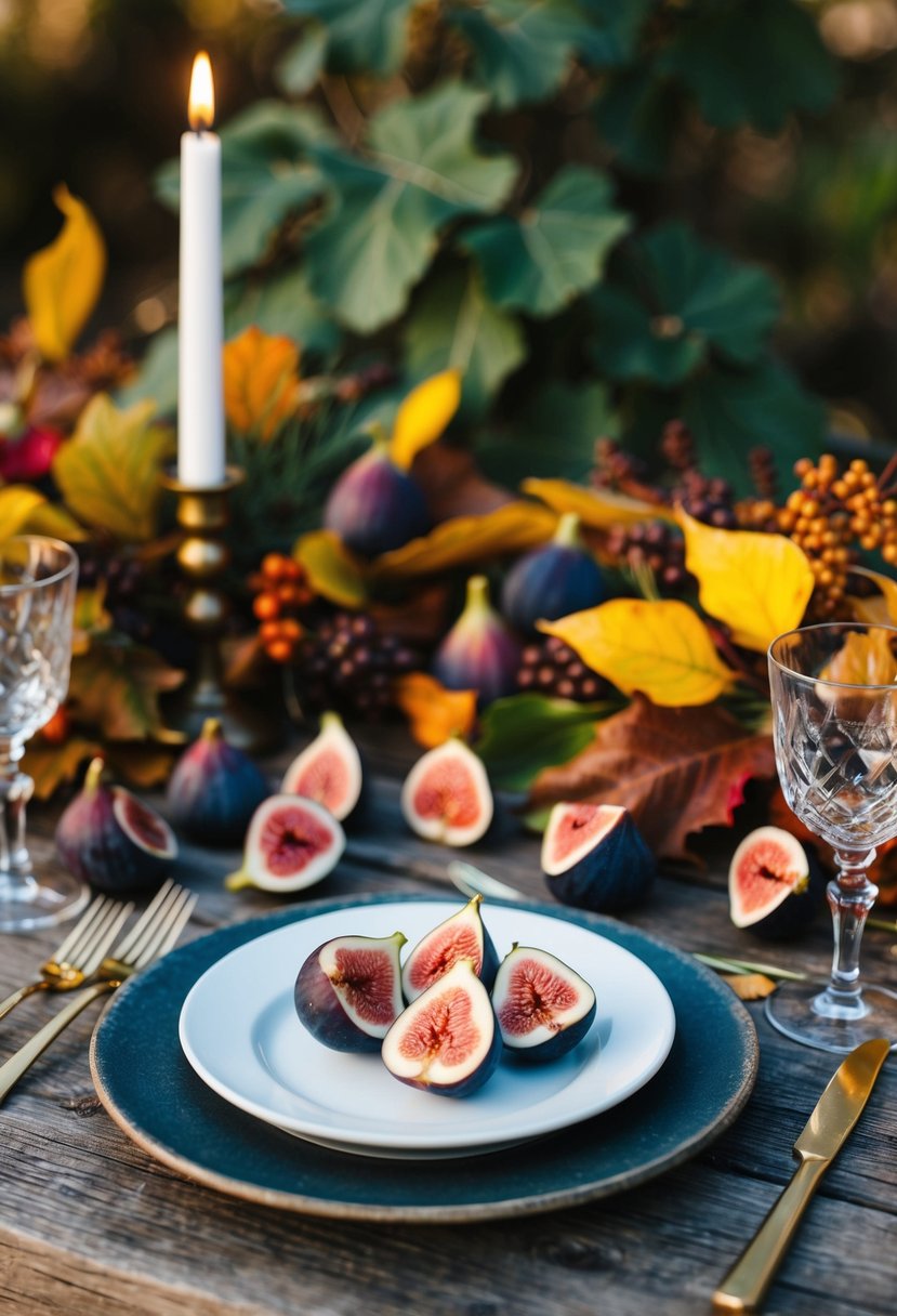 A rustic table setting with a variety of figs scattered amongst fall foliage and seasonal menu items