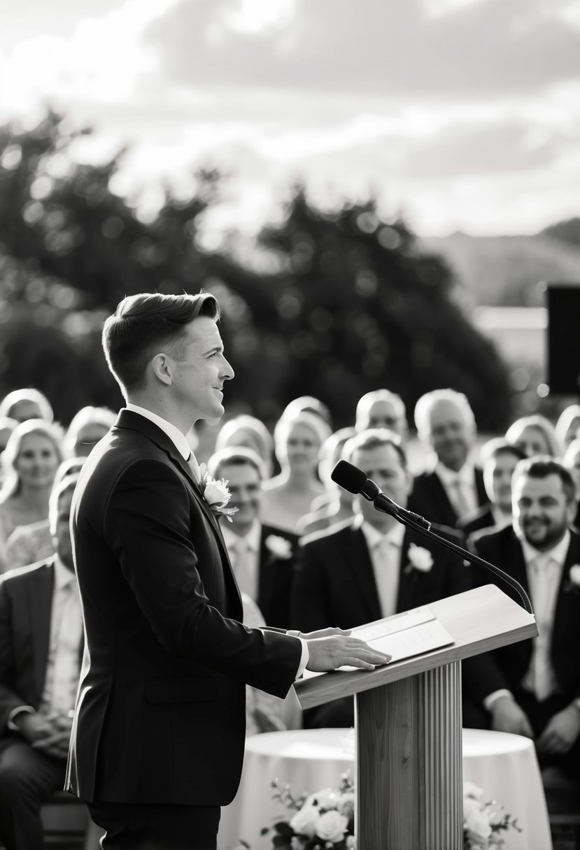 A person standing at a podium, looking out at a crowd of people, making direct eye contact with them as they give a wedding speech