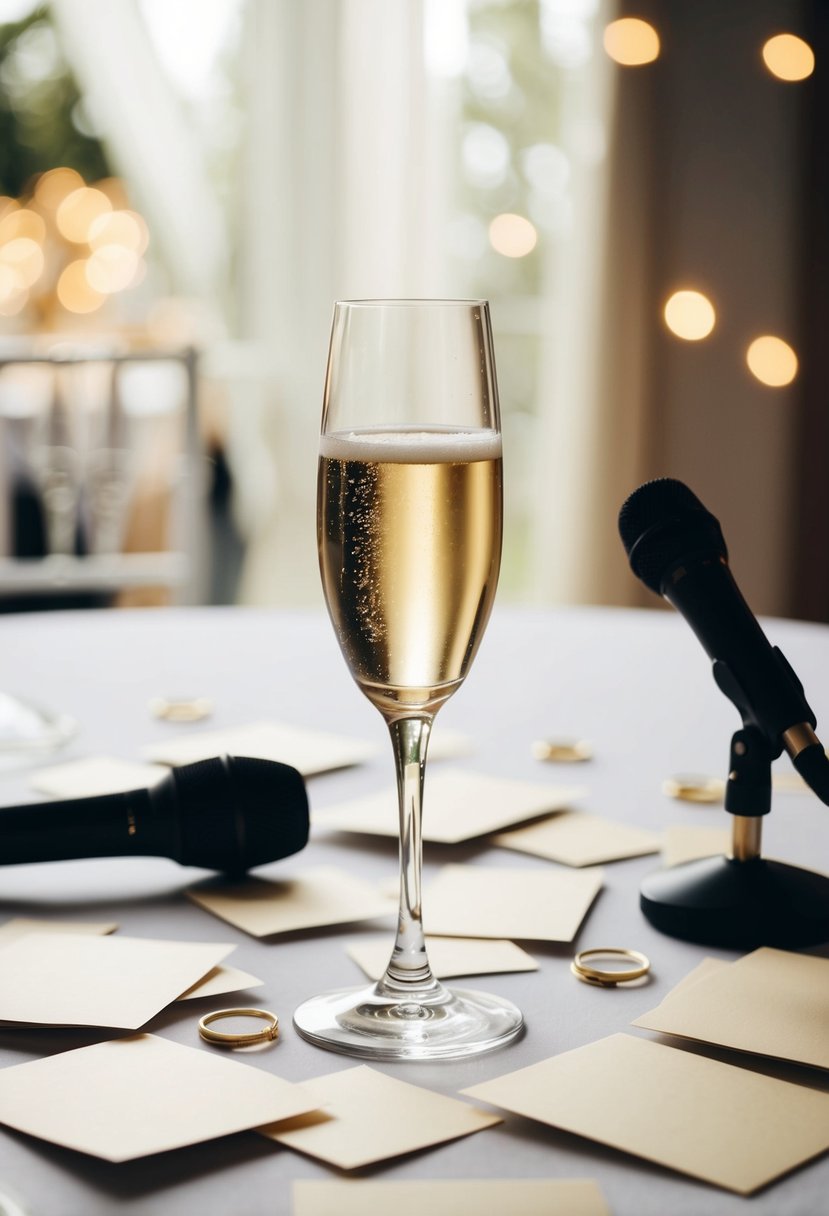 A champagne glass sits on a table surrounded by scattered note cards and a microphone, ready for a wedding speech toast