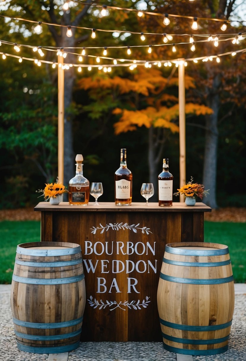 A cozy, outdoor bourbon bar at a fall wedding, with wooden barrels, flickering string lights, and rustic decor