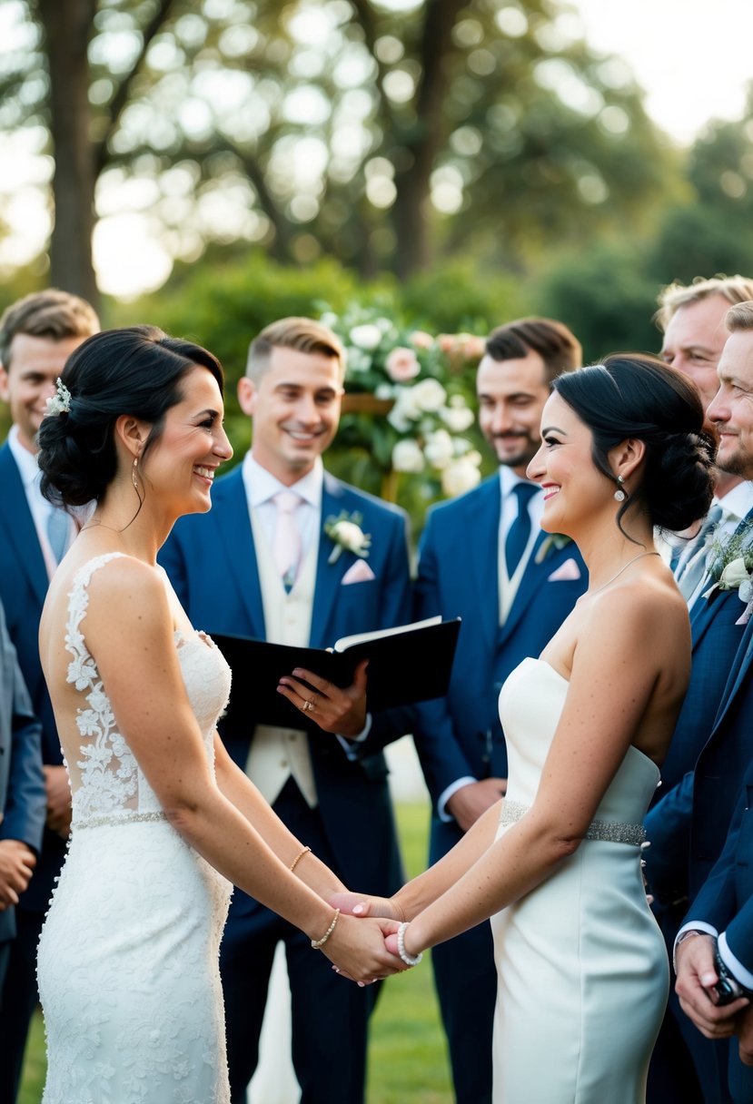 A couple stands facing each other, smiling and holding hands. They are surrounded by friends and family, who are listening intently as the couple gives a wedding speech