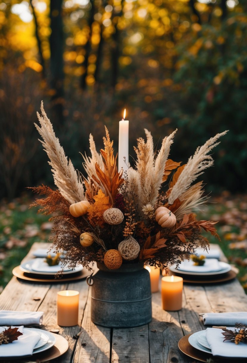 A rustic wooden table adorned with dried floral centerpieces in warm autumn hues, set against a backdrop of fall foliage and soft candlelight