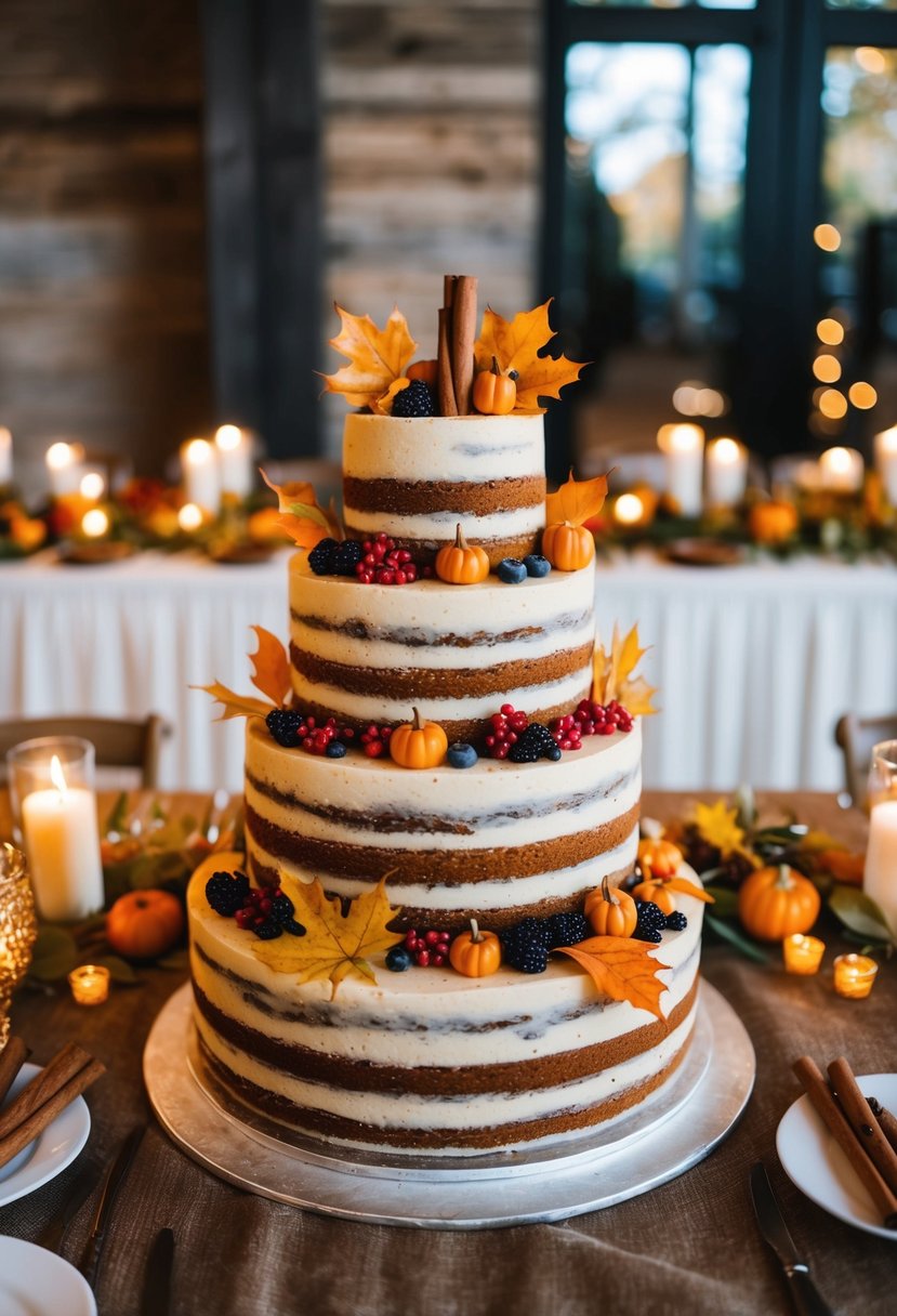 A tiered spiced cake adorned with autumn leaves, berries, and cinnamon sticks sits as the centerpiece of a rustic fall wedding reception