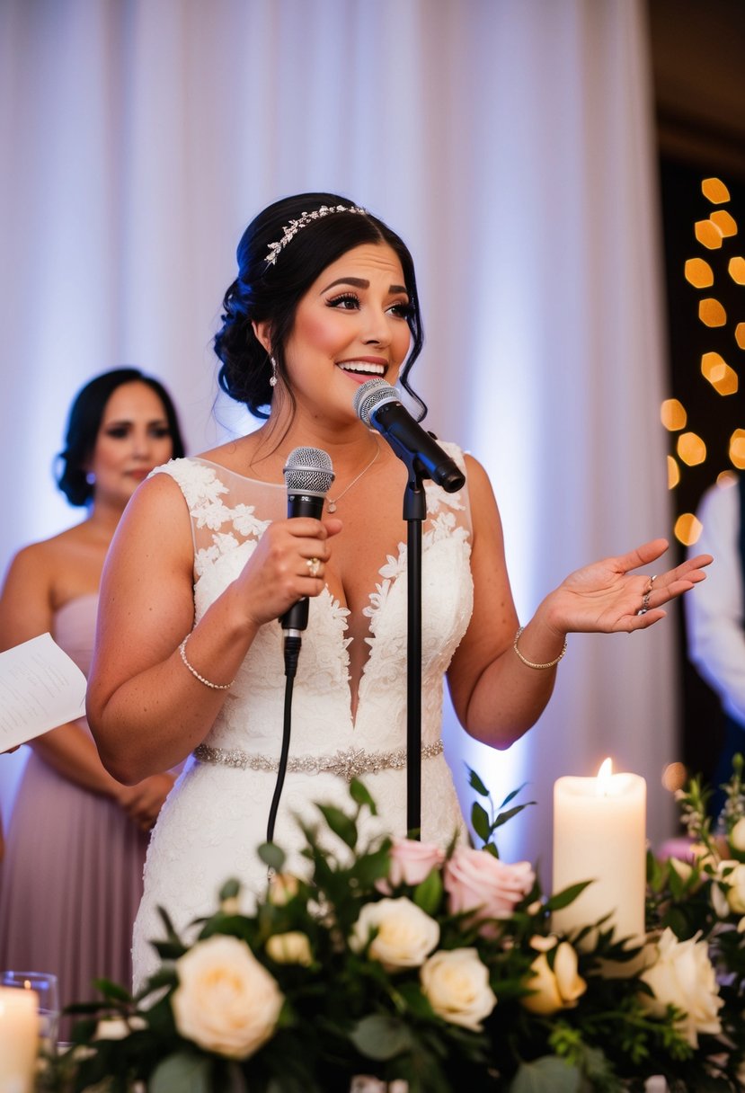 A bride's sister stands at a microphone, surrounded by flowers and candles, delivering a heartfelt speech at a wedding reception