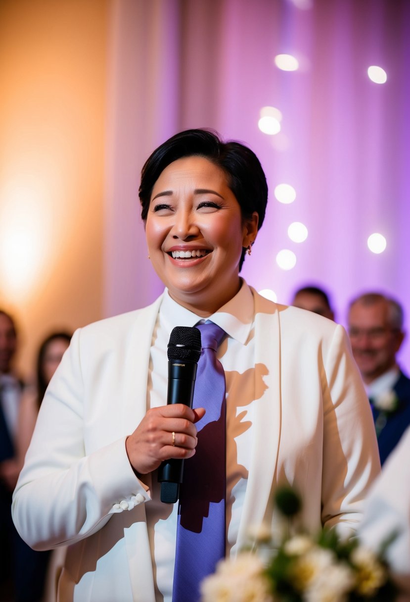 A person standing in front of a microphone, with a warm smile and tears of joy in their eyes, speaking from the heart at a wedding reception