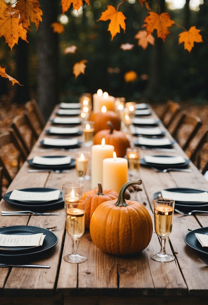 Maple leaves scattered on rustic wooden tables with candles and pumpkins for a fall wedding