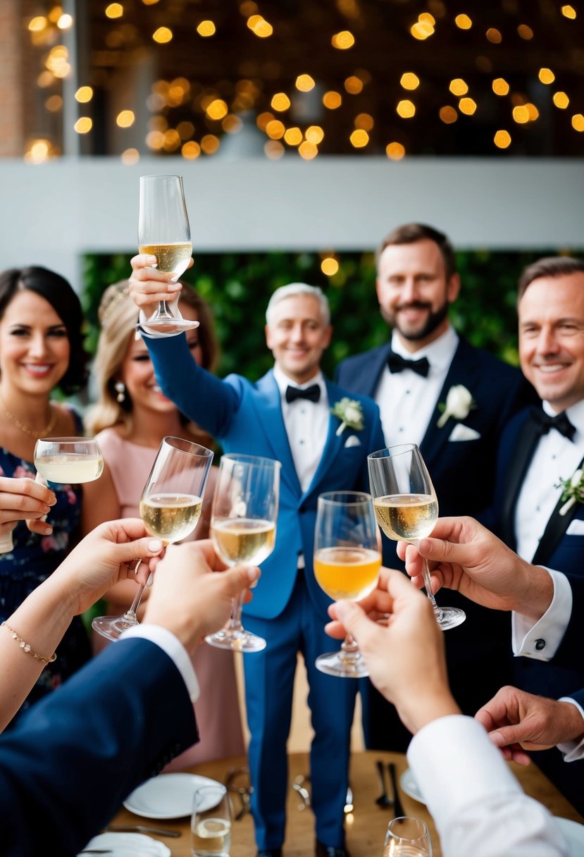 A figure raises a glass in a toast, surrounded by smiling guests and hosts