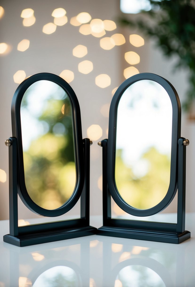 A pair of matching and contrasting mirrors facing each other