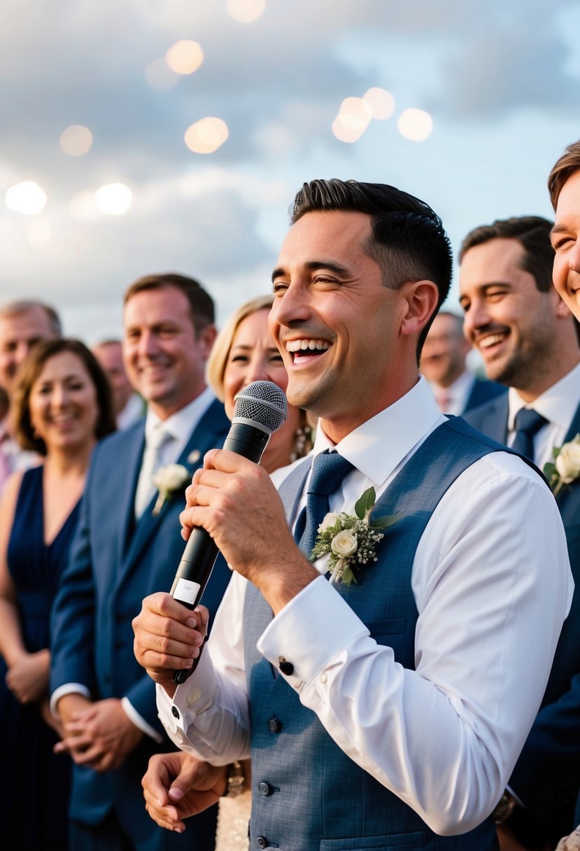 A groom holding a microphone, surrounded by smiling guests. Laughter and tears mix in the air