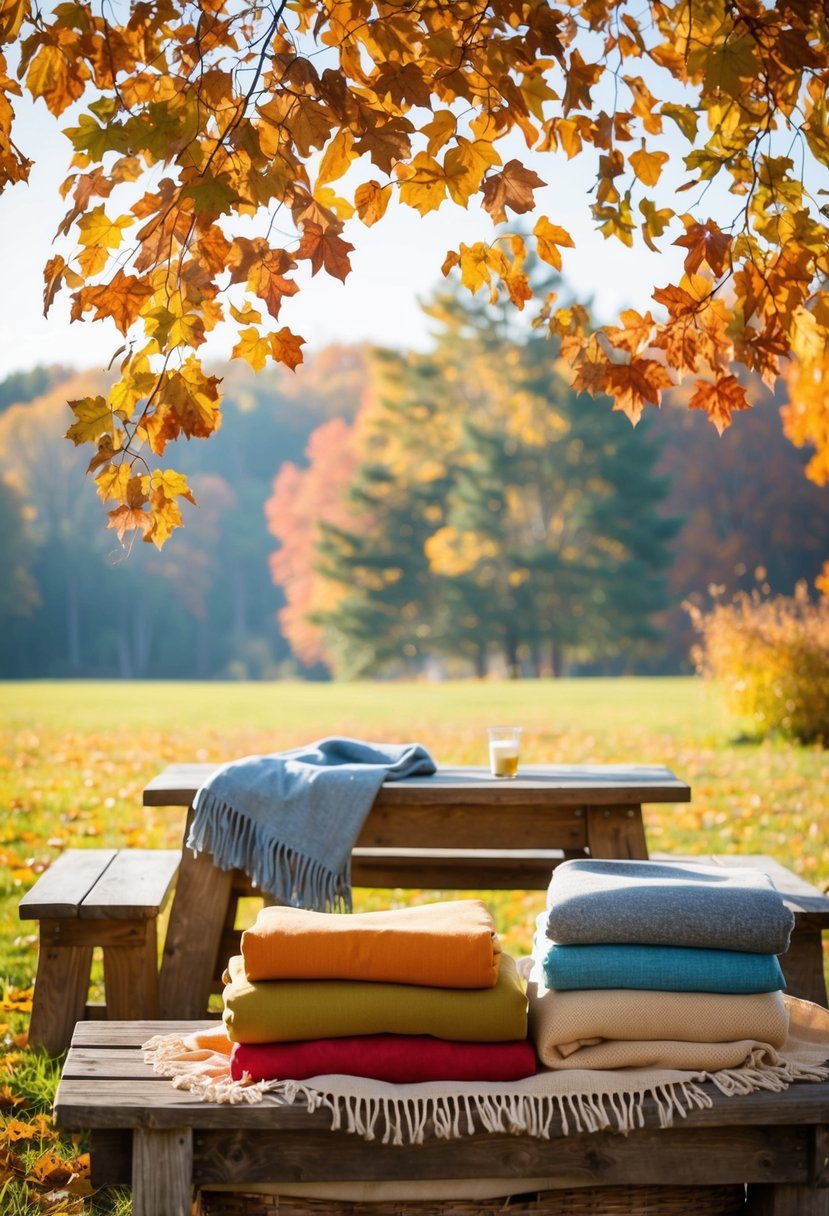 A picnic blanket and soft throw blankets arranged on rustic wooden benches under a canopy of colorful autumn leaves