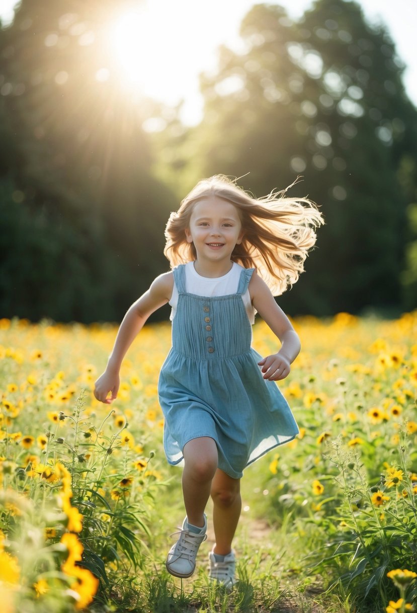 A young girl running through a field of wildflowers, with a bright sun shining down and a gentle breeze blowing through her hair